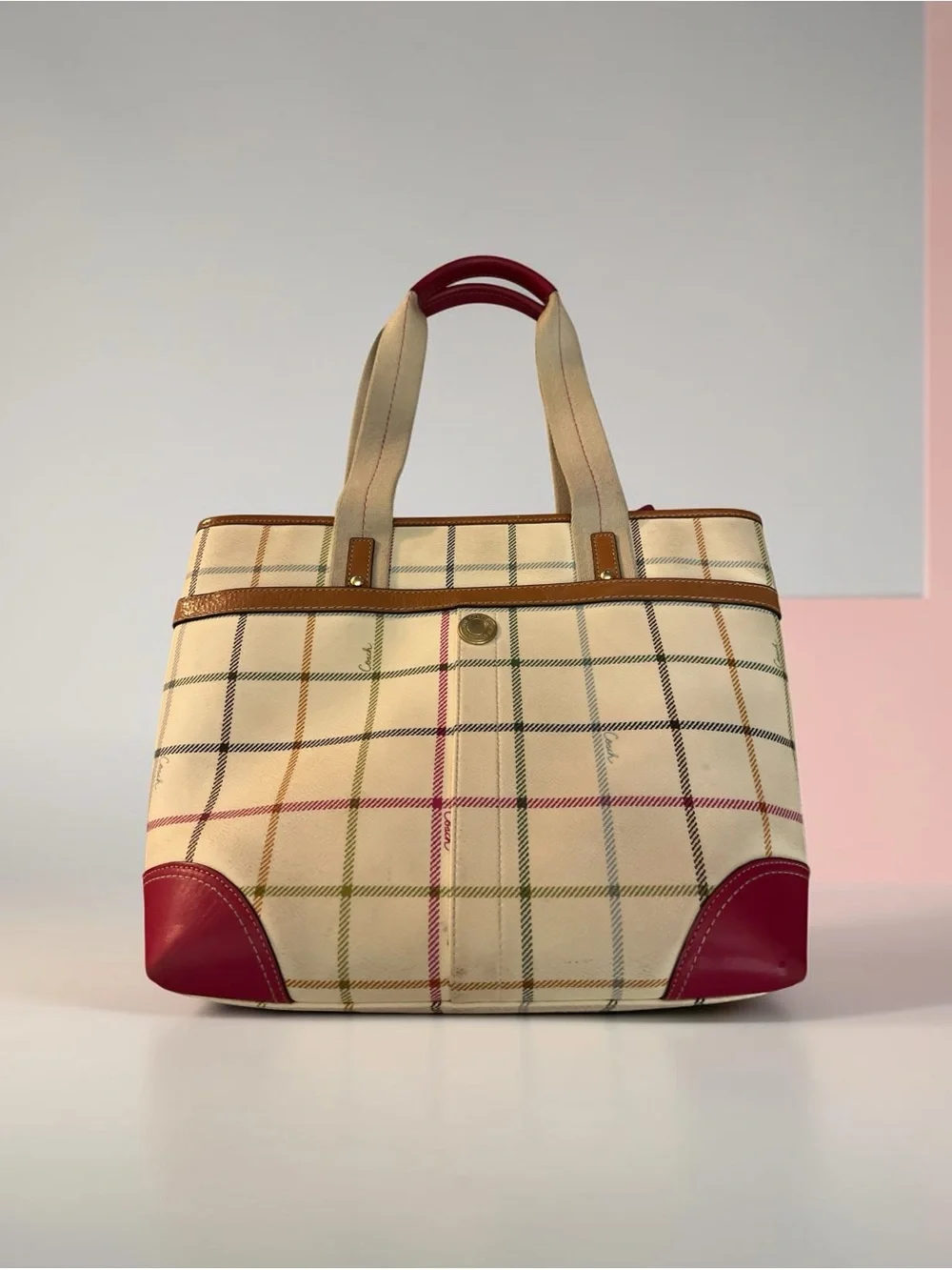 Vintage COACH Heritage Stripe Tattersall Plaid Tote Bag Magenta